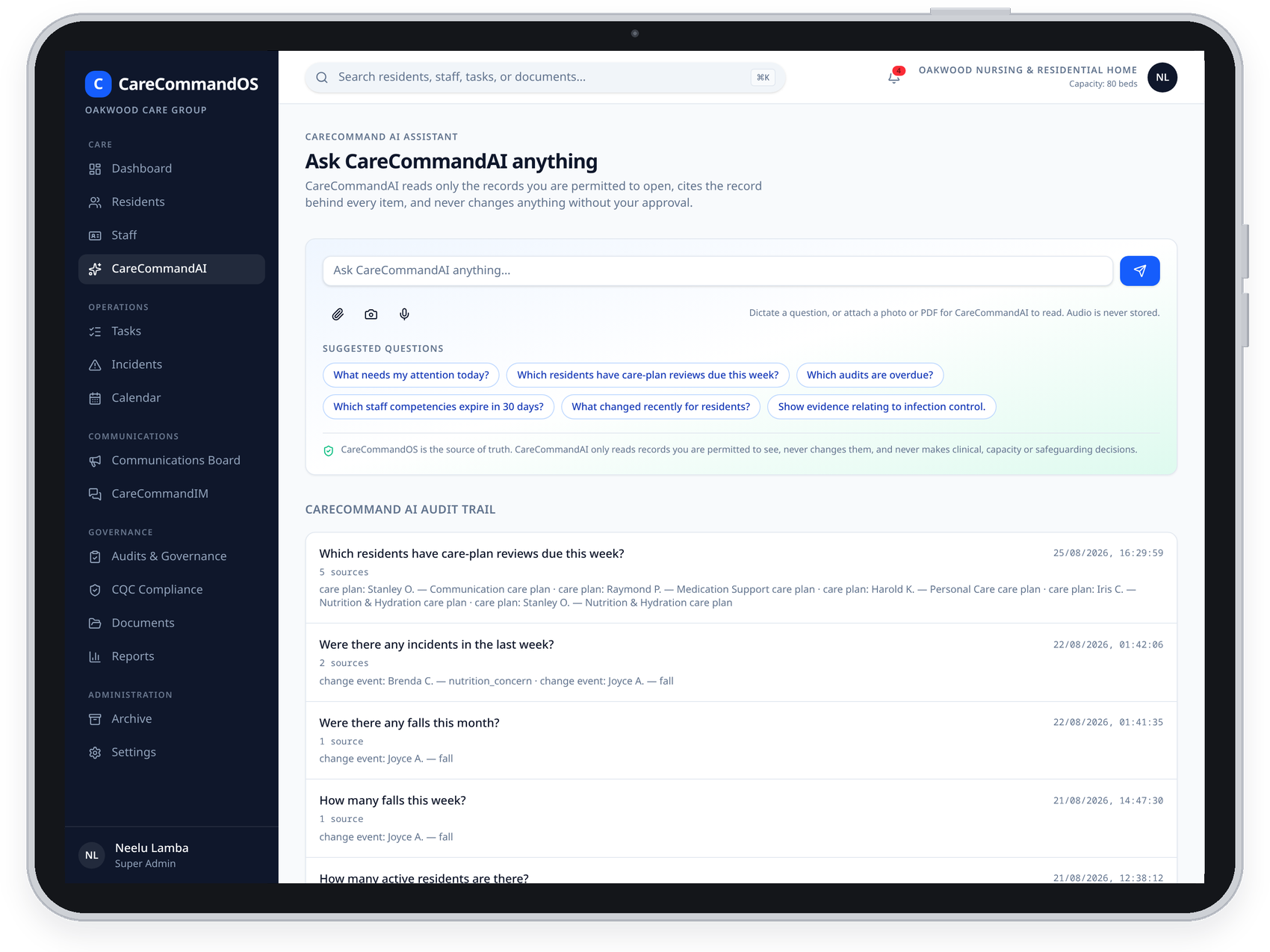 CareCommandAI assistant screen on an iPad with suggested questions and an audit trail (example data)