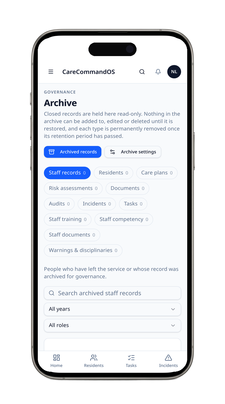 CareCommandOS Archive screen on a phone with record types and retention settings (example data)