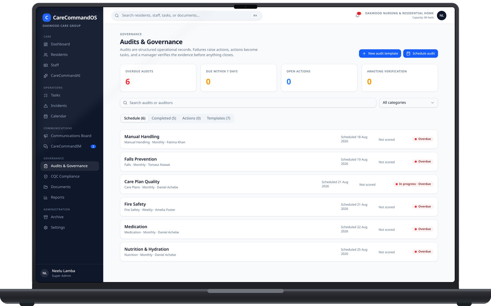 CareCommandOS audits and governance screen on a laptop with schedule and templates (example data)