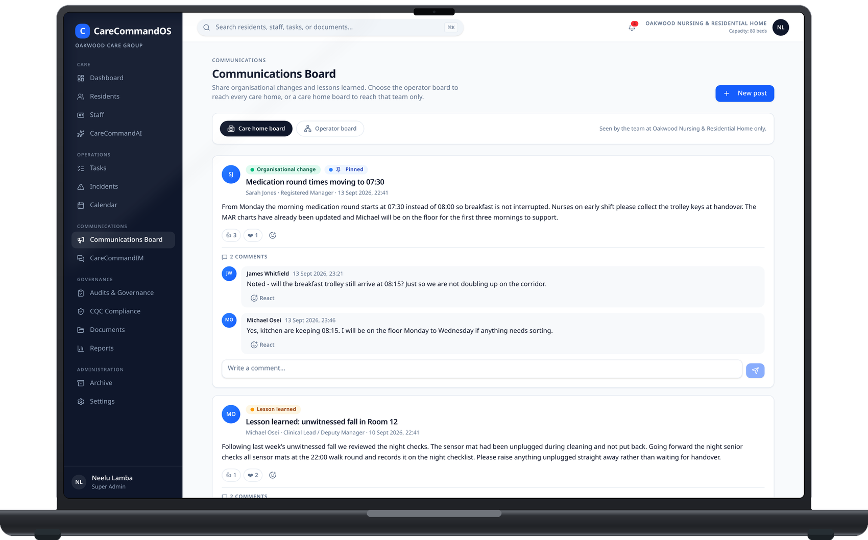 CareCommandOS Communications Board on a laptop showing a post with comments and reactions (example data)