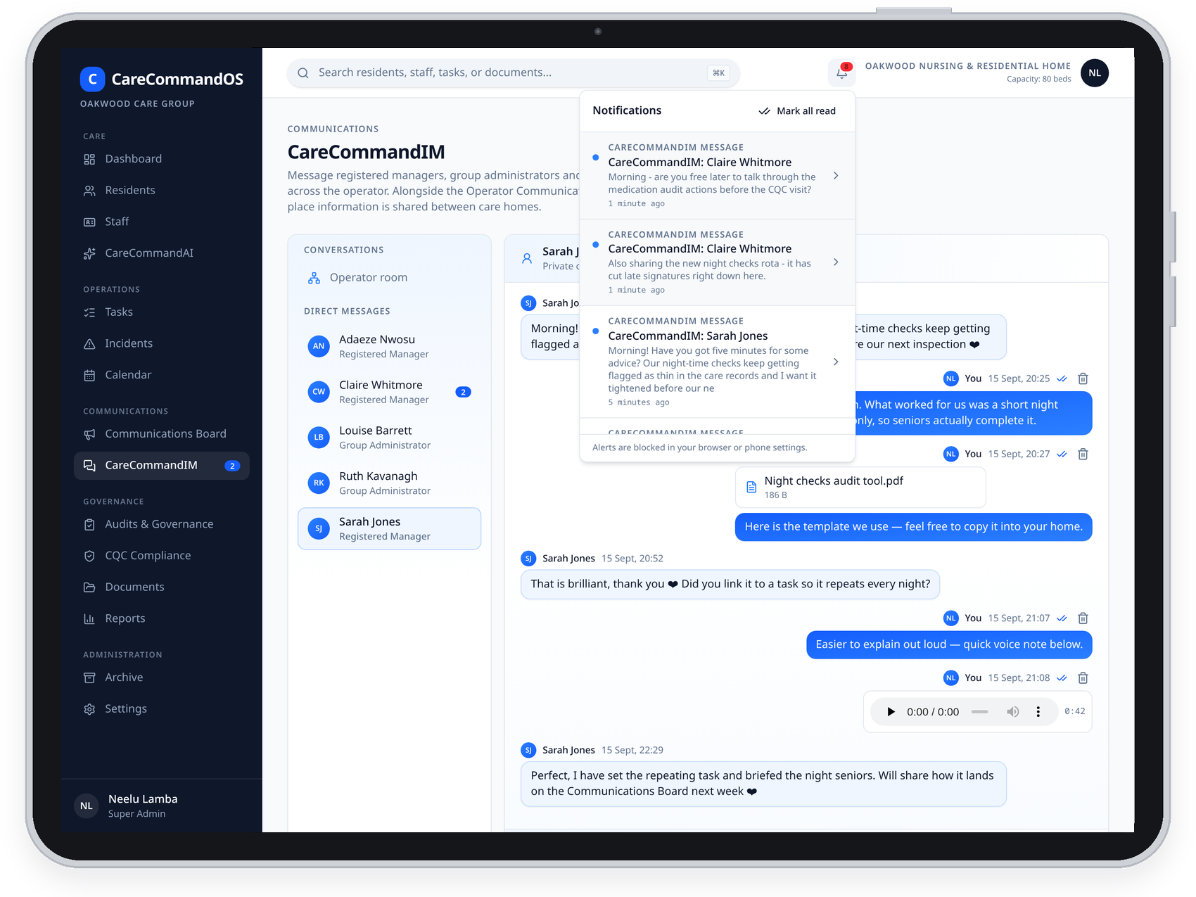 CareCommandIM screen on an iPad with the operator room and direct messages (example data)